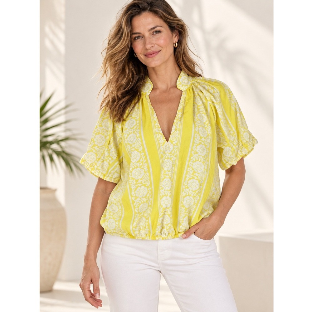 LIVRO Blouse Women Large Yellow Floral Cotton Short Sleeve Top Boho Cottagecore